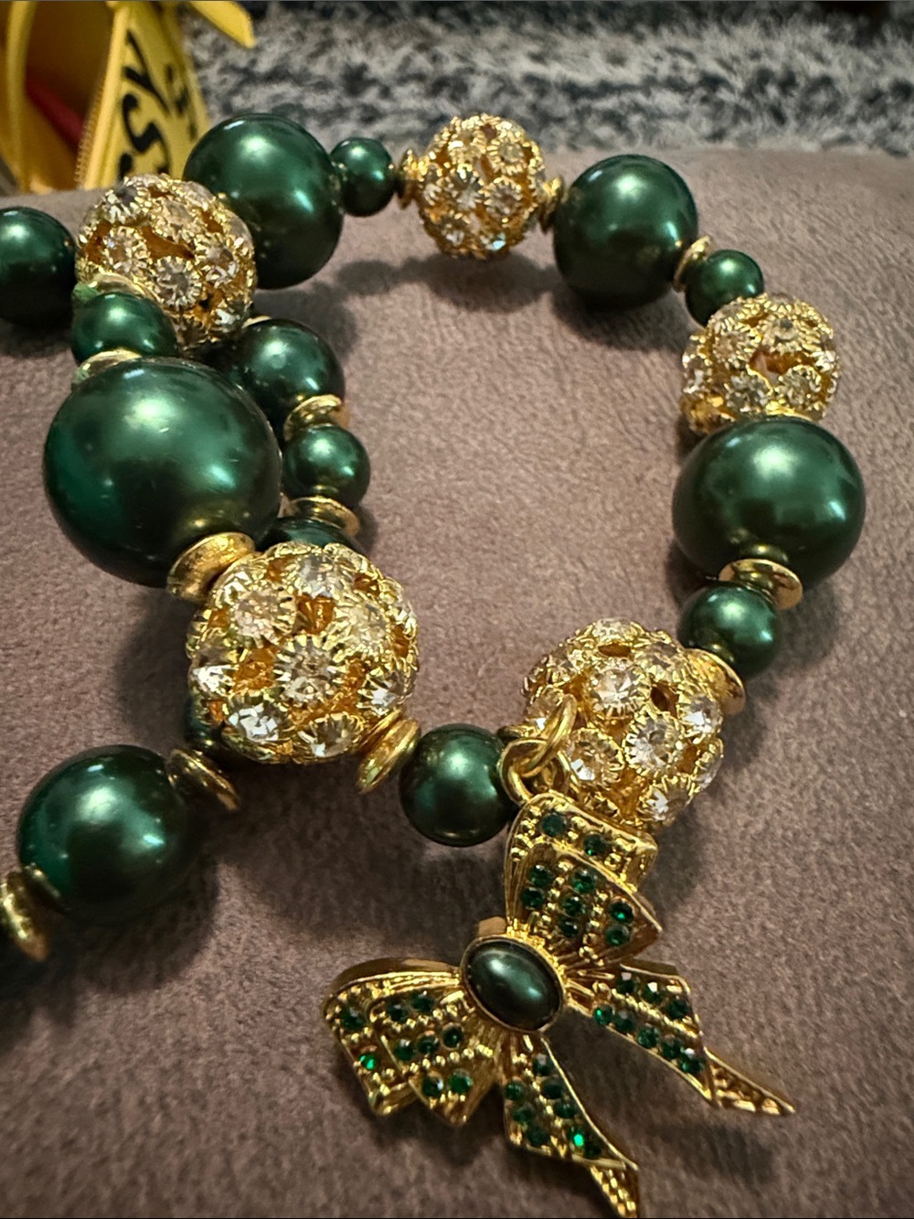 Sassy Jones Bow Pendant Green Beaded Bracelet Set - Green double studs & ring - Picture 3 of 5